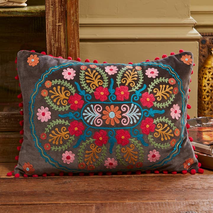Ahyana Embroidered Velvet Cushion Cover, Pom Poms and other Purchase Wholesale pom pom trim. Free Returns & Net 60 Terms on Faire trending on Faire.