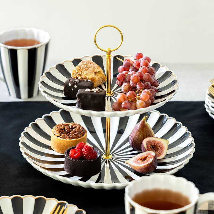 Black White Scallop Fine Porcelain 2-Tier Server for wholesale by Grace Teaware