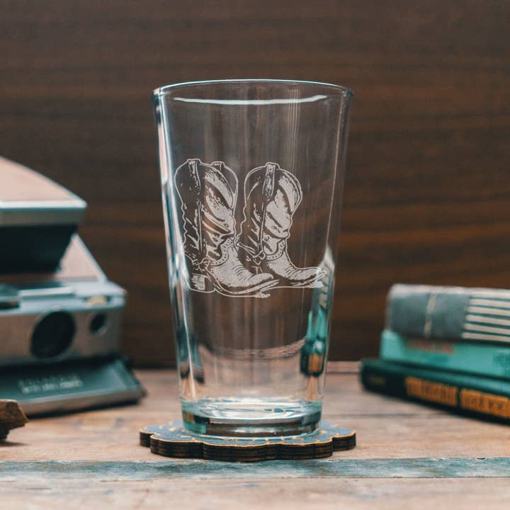 Benoit's Design Co. - Wholesale Cocktail/Liquor Glass - Cowboy Boots Etched Drinking Glasses