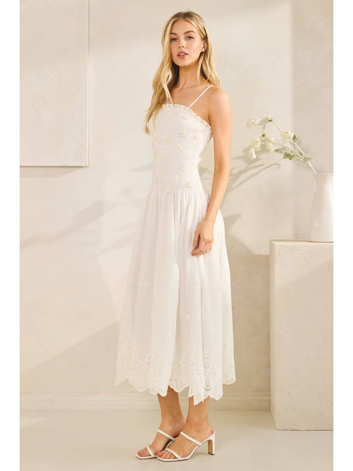 White NEGRIL FLOWER SMOCKING EYELET DRESS (ST#FSWD5315) for wholesale on Faire7