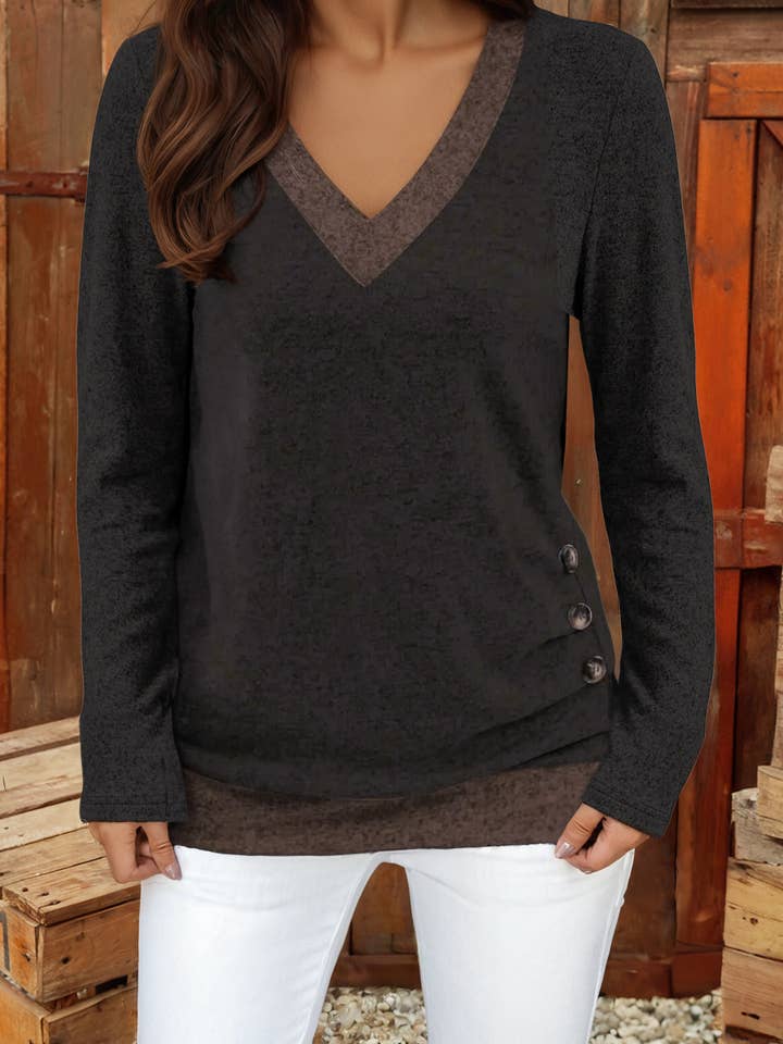 Color Block Trim V Neck Button Decor Long Sleeve Top for wholesale by fashionworks