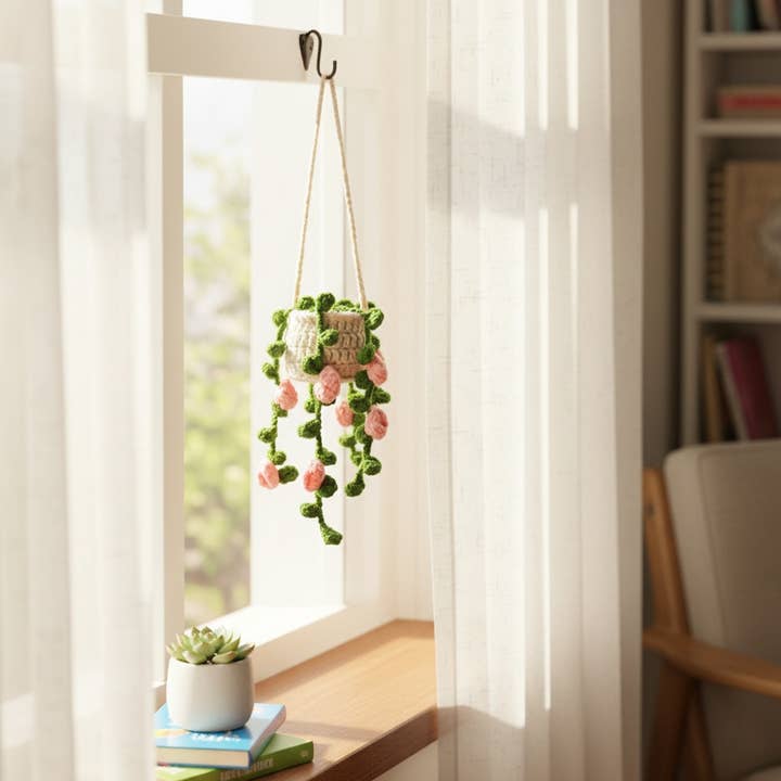 Handmade By Uruba - Vente Breloque décorative pour voiture – unisexe - Charme de Voiture en Crochet Floral – Mini Pot de Plante Suspendu3