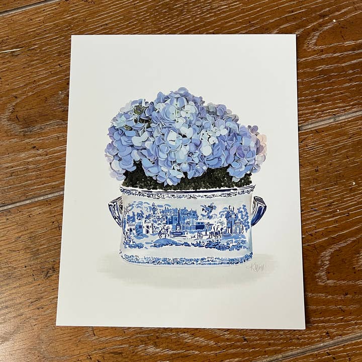 Chinoiserie Planter With Hydrangeas Art Print for wholesale by Art and Soul