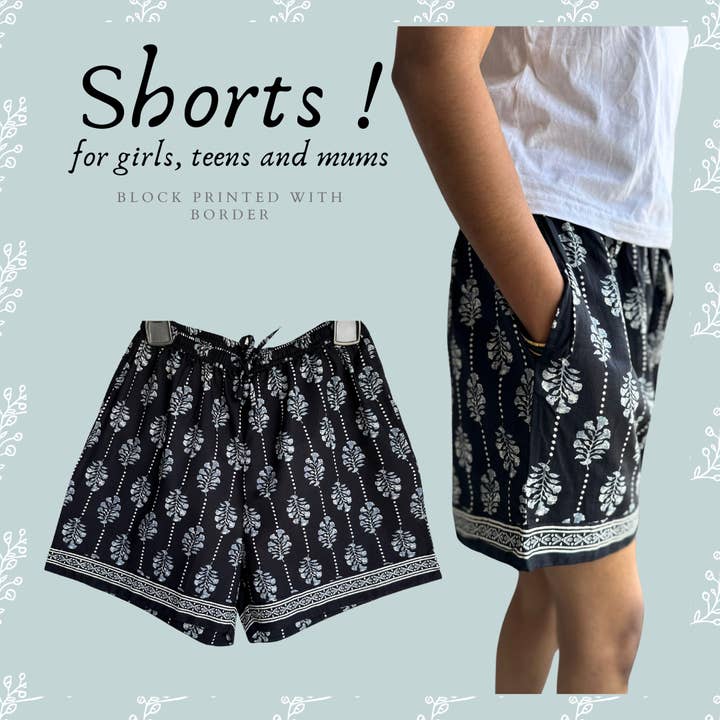 Short unisexe - Bermuda, imprimé buti noir avec bordure en coton pour la vente par The Indian Bazaar