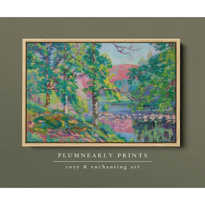 Plumnearly Prints - Wholesale Canvas Art - Bright Pink Green Landscape Painting Framed Canvas Art 345
