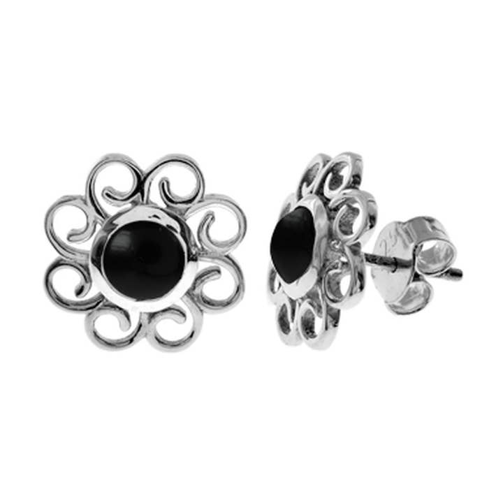 Pendientes de botón con remolino de ónix negro redondo Lola para venta al por mayor de Kali Ma Designs - Sterling Silver Jewellery