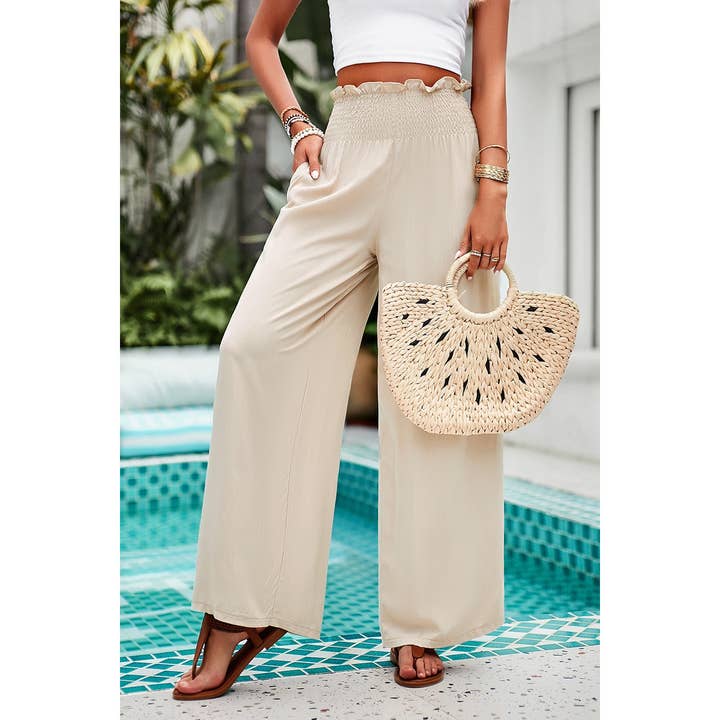 Supreme Fashion - Wholesale Pants - Women's - Pockets Elastic Waist Band Smocked Wide Leg Pant