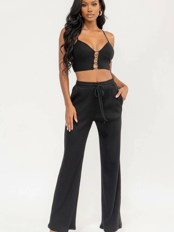 CROP TOP & ELASTIC WAIST PANTS RIBBED 2PC. SET for wholesale by 5besties inc