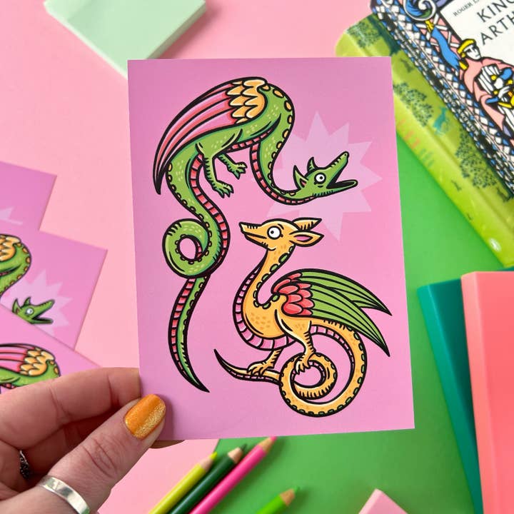 Dragons Medieval Marginalia Postcard for wholesale by Stacey McEvoy Caunt