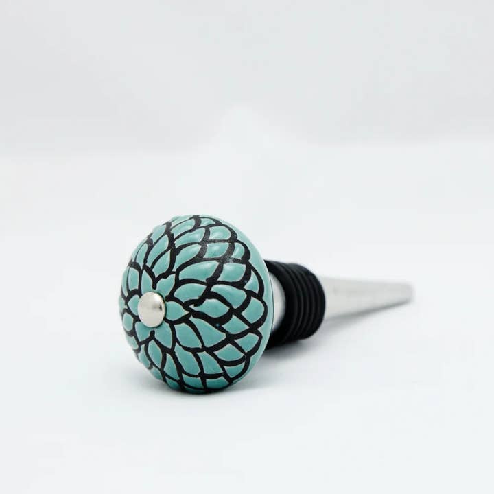 Vinotopia - Wholesale Wine stopper - Ceramic Bottle Stopper, Etched Blooms – Teal1