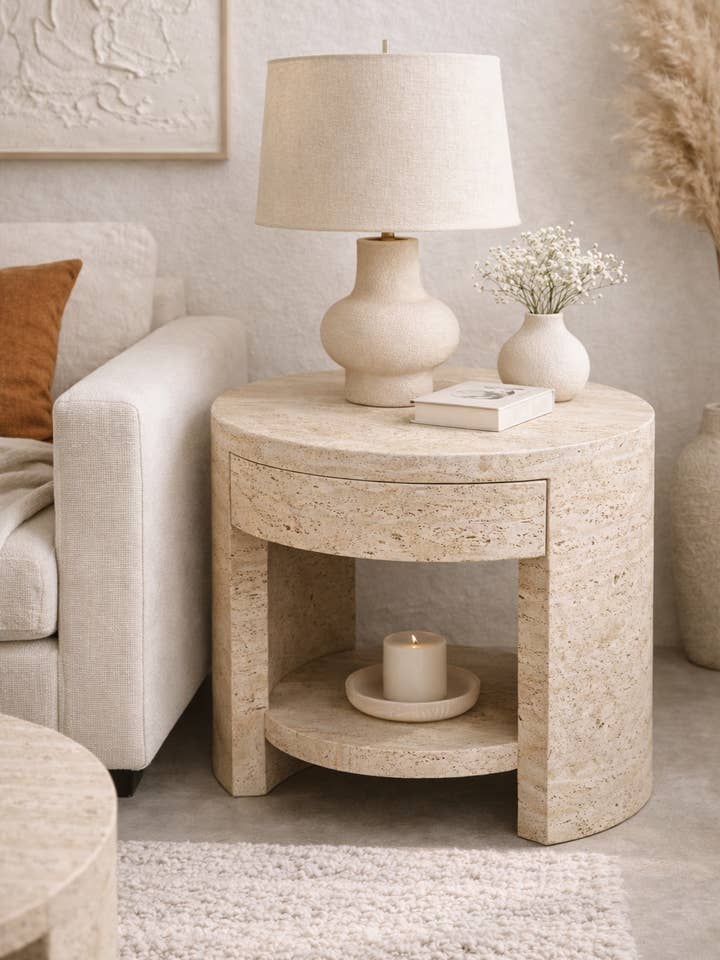 Mesa de Centro Redonda em Travertino – Pedra Natural com Prateleira por atacado de Cwpco