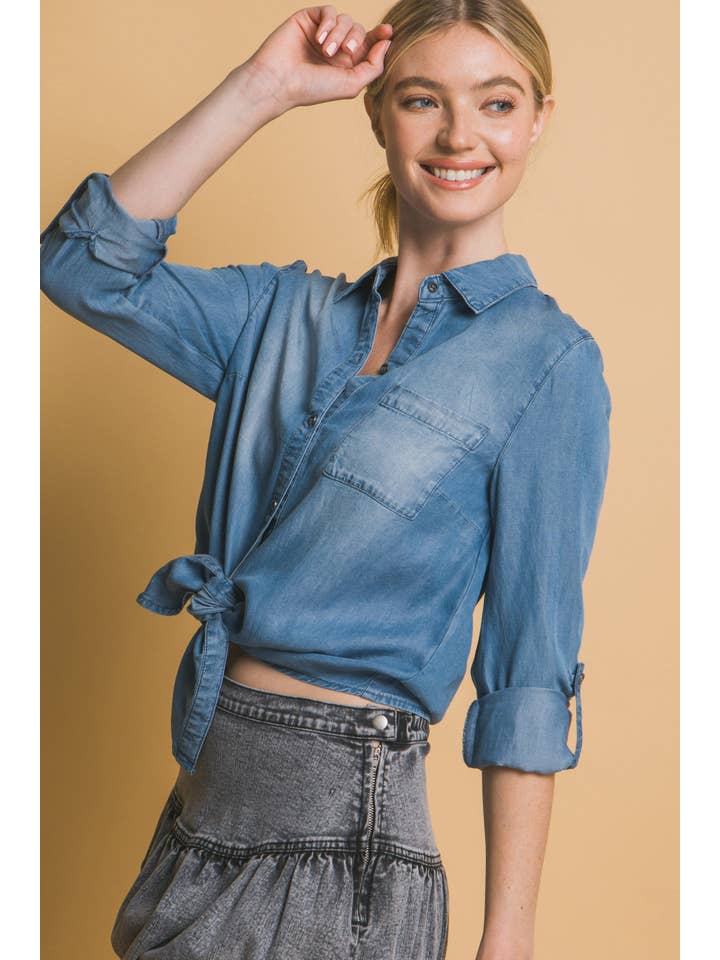 Peace Love Line - Wholesale Shirt - Women's - PL5683 - TIE FRONT TENCEL BUTTON UP SHIRT