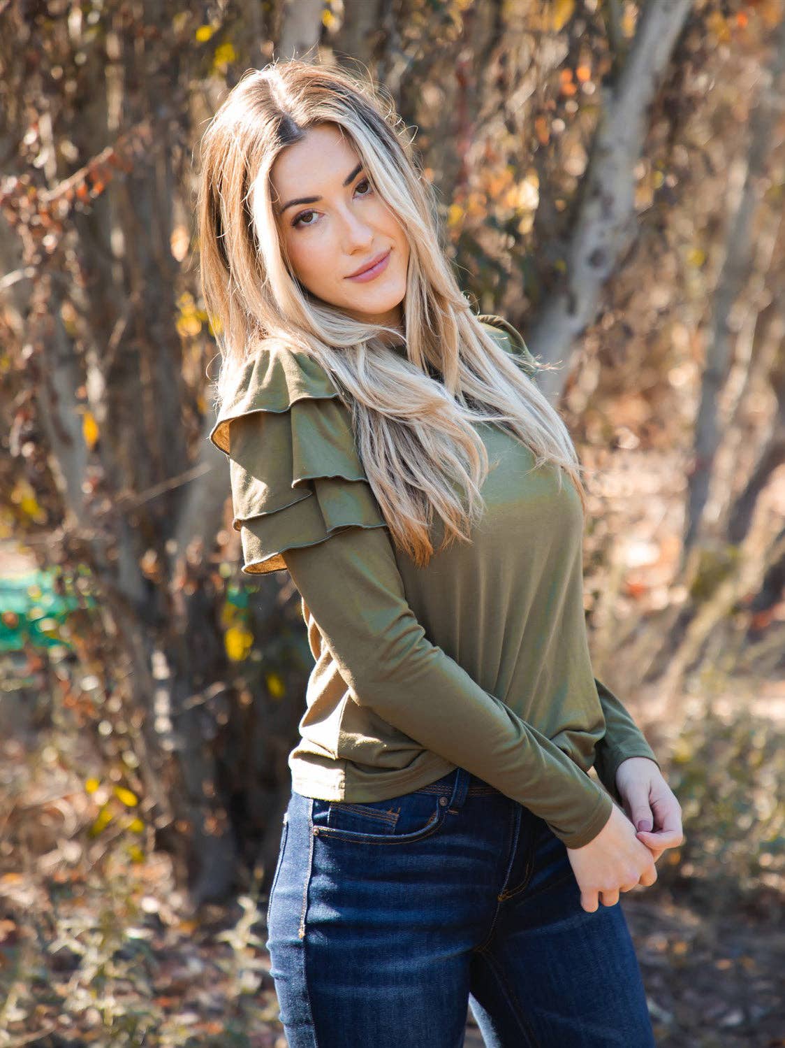 Tickled Teal - Wholesale Blouse - Women's - Aida Ruffle Long Sleeve Top1