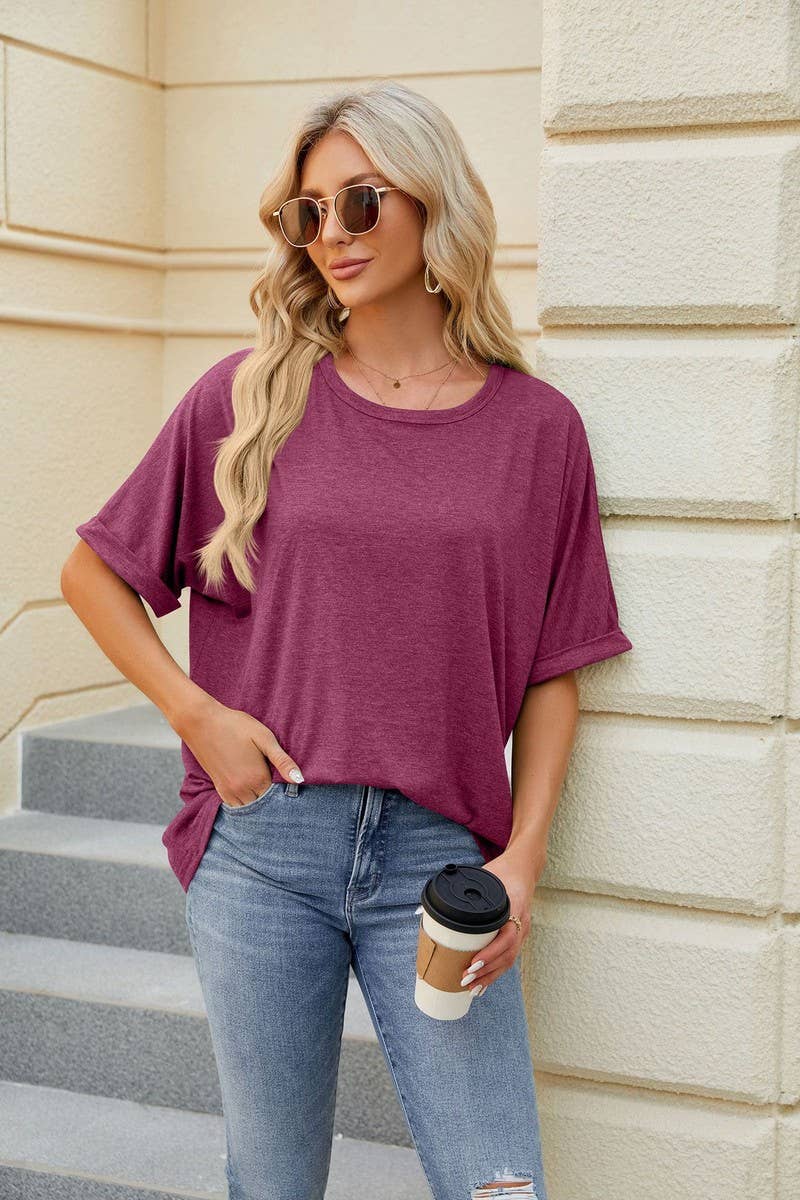 Lily Clothing - Wholesale T-Shirt - Women's - ROUND NECK SOLID COLOR SHORT SLEEVE LOOSE T SHIRT_CWTSTS028026