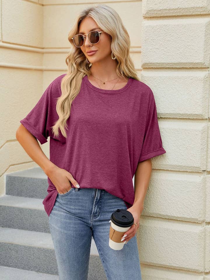 Lily Clothing - Wholesale T-Shirt - Women's - ROUND NECK SOLID COLOR SHORT SLEEVE LOOSE T SHIRT_CWTSTS028026