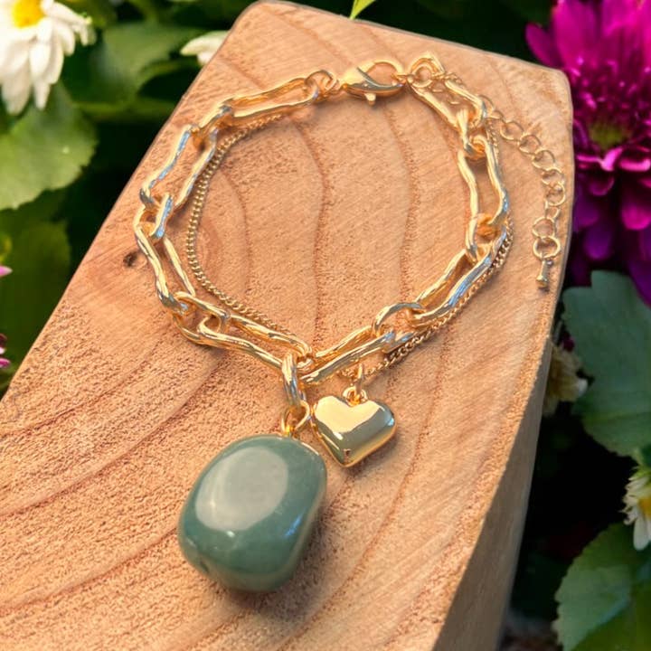 Layered Bracelet in gold with Emerald coloured stone BR232GG for wholesale by Jess & Lou