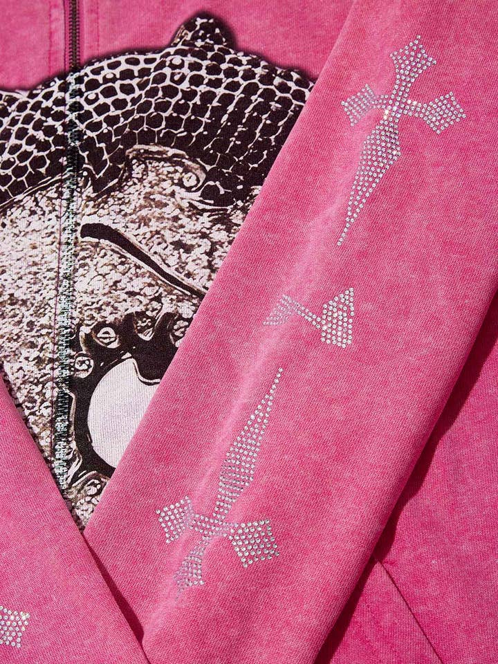 NOISSEY - Wholesale Hoodie – Unisex - Black & White Diamond Betty 370g Pink Washed zip-up hoodie5