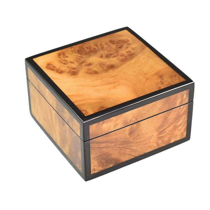 Walnut Burl with Black Trim Square Decorative Box L-31FSWN for wholesale by Pacific Connections
