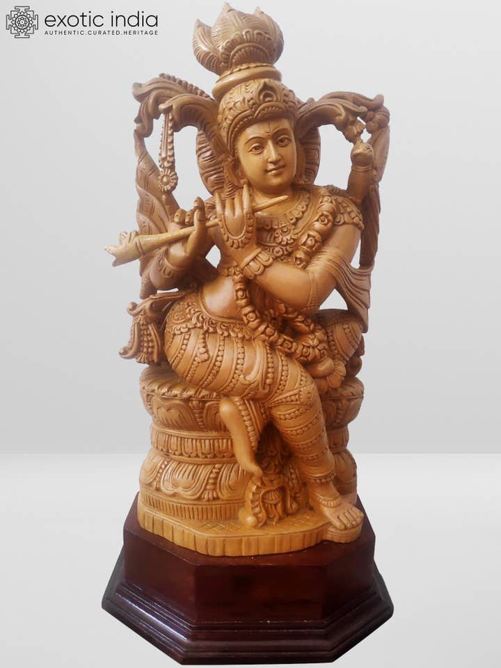17" Wood Sculpture of Lord Krishna in Tribhanga Pose for wholesale by Exotic India Art