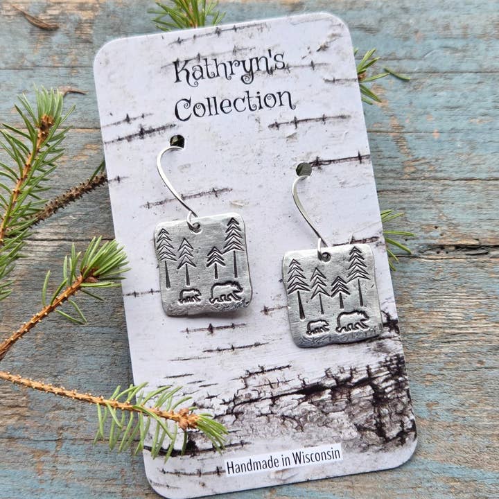 Kathryn's Collection - Wholesale Dangle Earrings - Bear, Mama Bear Earrings, Hand-Stamped Pewter1