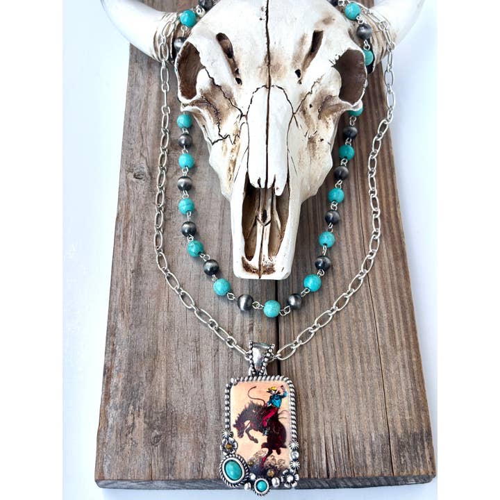 Boho Ranch Shop - Wholesale Pendant/Charm Necklace - 2 Layered Navajo Pearl Turquoise Stone Pendant Necklace1