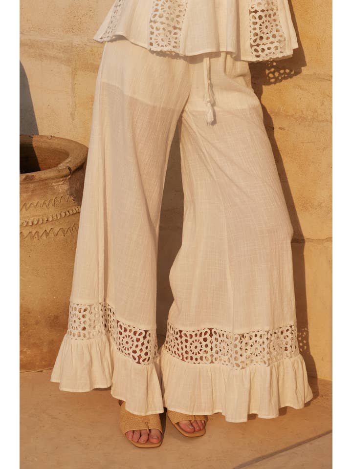 OFF WHITE Cotton and Crochet Lace Wide-Leg Ruffle-Hem Pants for wholesale on Faire