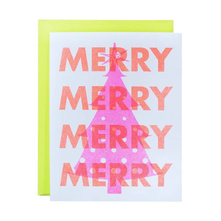 Merry Pink Tree - Carte de vœux avec risographe de Noël fluo pour la vente par Next Chapter Studio