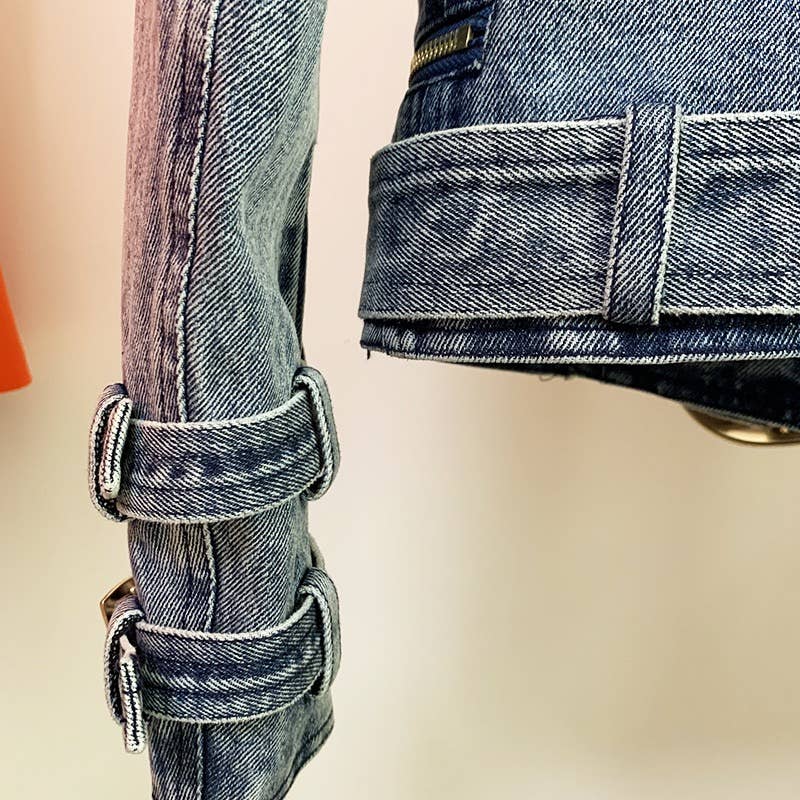 Blue BL205 Edgy Denim Biker Jacket with Diagonal Zipper for wholesale on Faire6