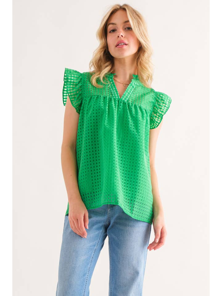 AND THE WHY - Wholesale Blouse - Women's - ATW14889 - Sheer and Gridded Baby Doll Ruffled Top