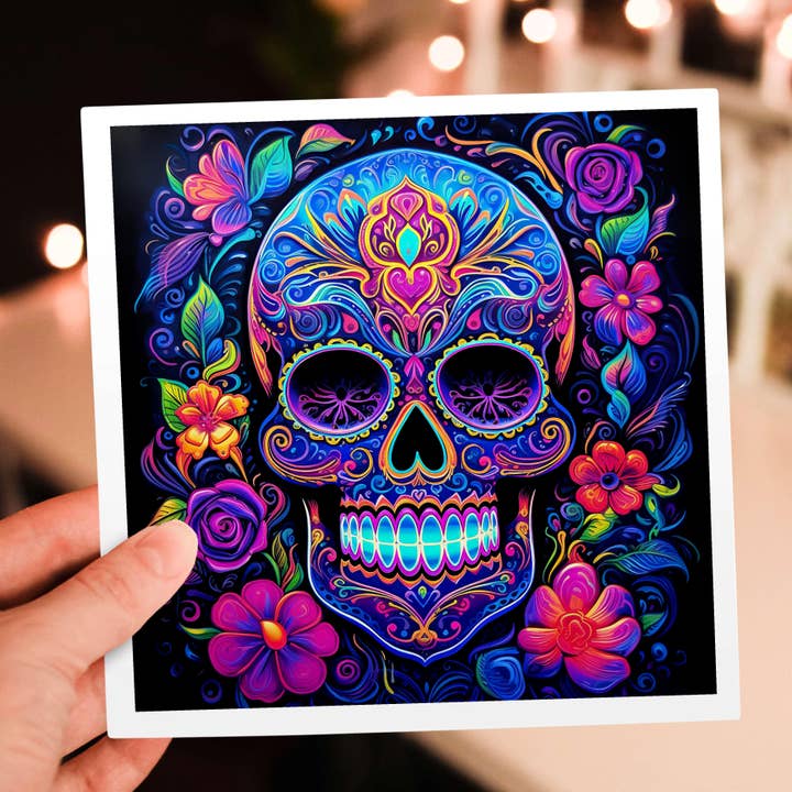 3dRose - Wholesale Everyday greeting card - 3dRose, A vibrant, neon-colored sugar skull with flowers in blacklight style., Greeting Card5