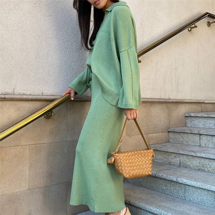 Sheer Trend - Wholesale Top & Skirt Set - Women's - Solid V-Neck Sweater Skirt Set1