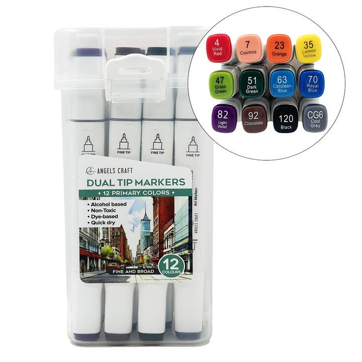 Angels Craft - Wholesale Marker - Dual Tip Markers Set, 12 Colors - 4 Color Options Available