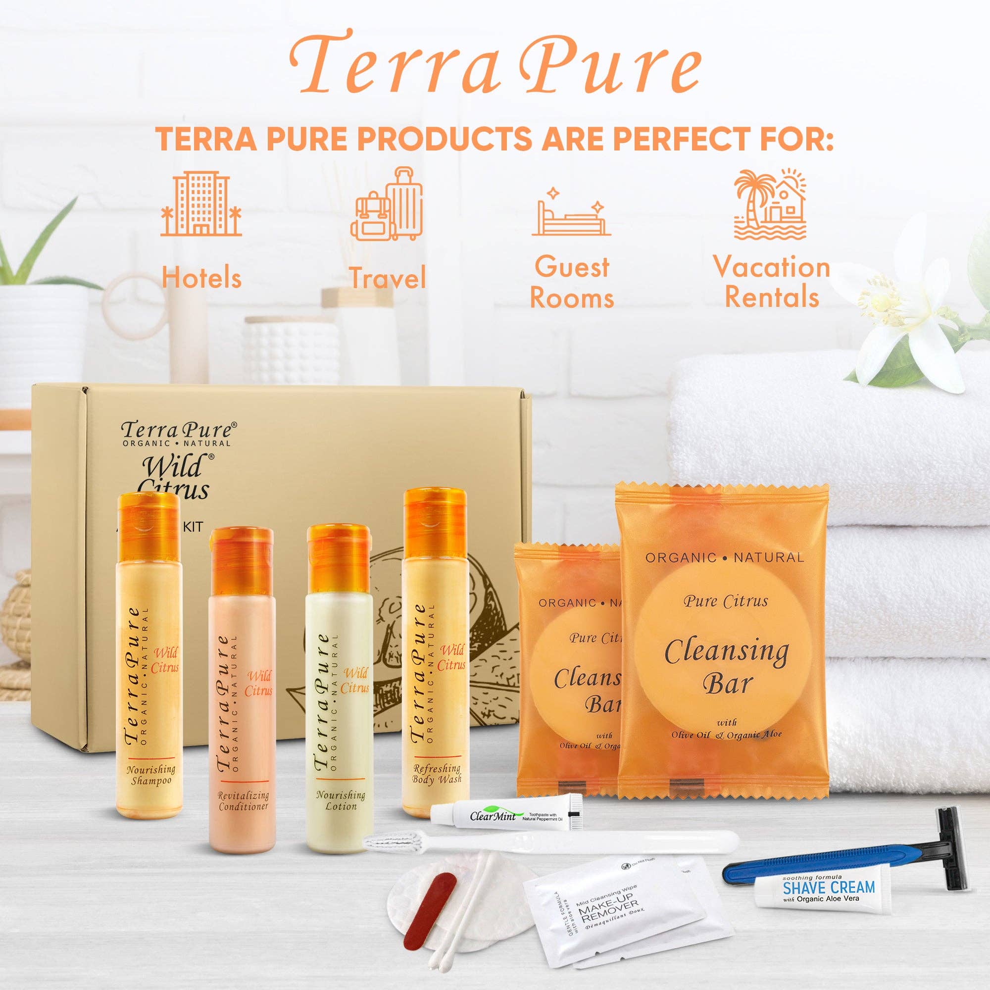 Diversified Hospitality Solutions - Wholesale Bath & body set - Terra Pure Amenity & Accessory Kit |1 oz Travel Size Shampoo, Conditioner, Lotion, Body Wash, 2 Cleansing Bars, Shave & Dental Sets, Make-Up Remover Wipes, & Vanity Kit | 15 sets per case1