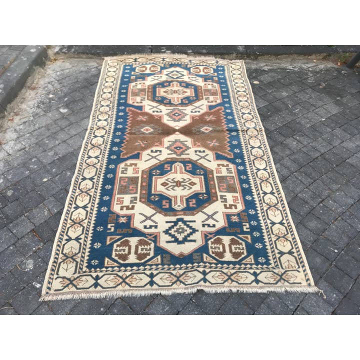 Handmade Oushak Rug Blue Red Wool Carpet 3.5x5.6 for wholesale by Oushak Rugs