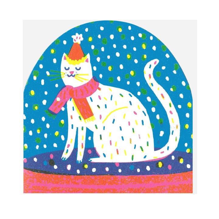 Winter Party Cat Large Snowglobe Card for wholesale by The Printed Peanut Homeware & Stationery