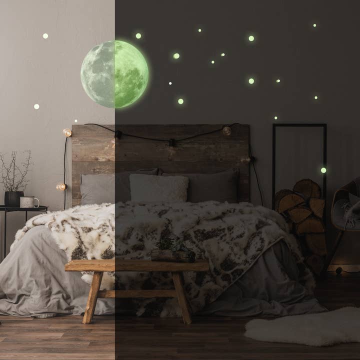 Glow In The Dark Full Moon And Star Wall Sticker - Bedroom Ceiling Decoration Large Glowing Decal for wholesale by Decords