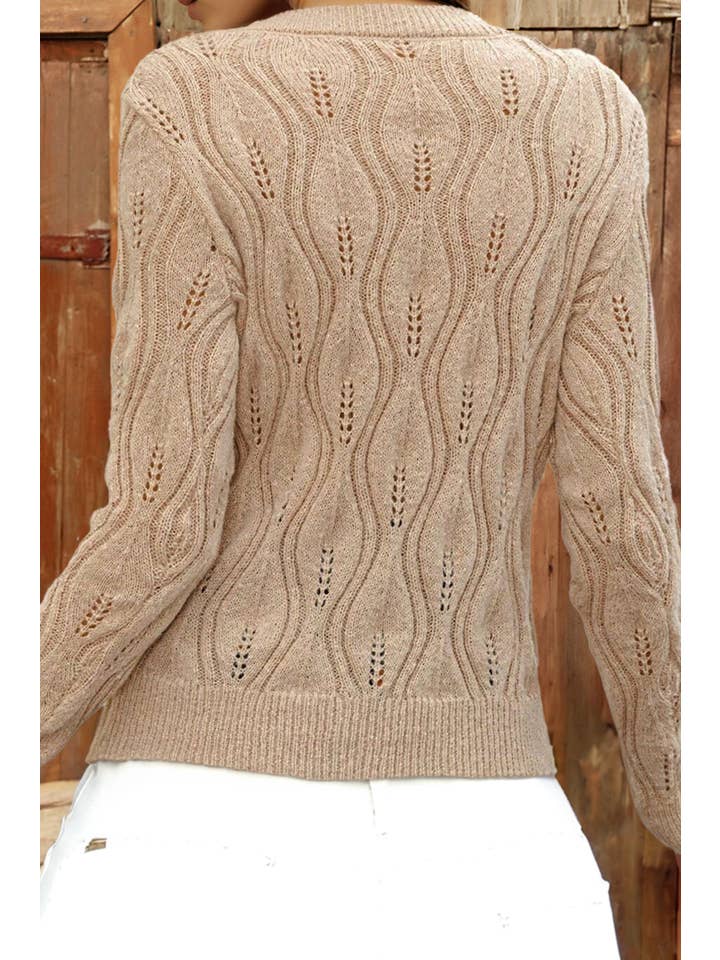 As shown Pearl Beaded Pointelle Knit Lace Patched Sleeve Sweater for wholesale on Faire1
