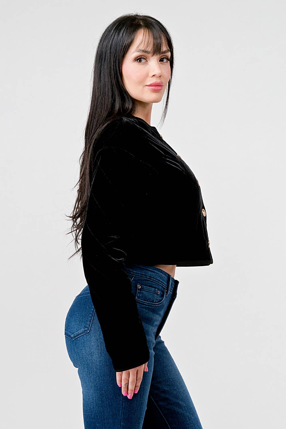 NEGRO Chaqueta acolchada de terciopelo con botones al frente PG3317K CLASSY de venta al por mayor en Faire2