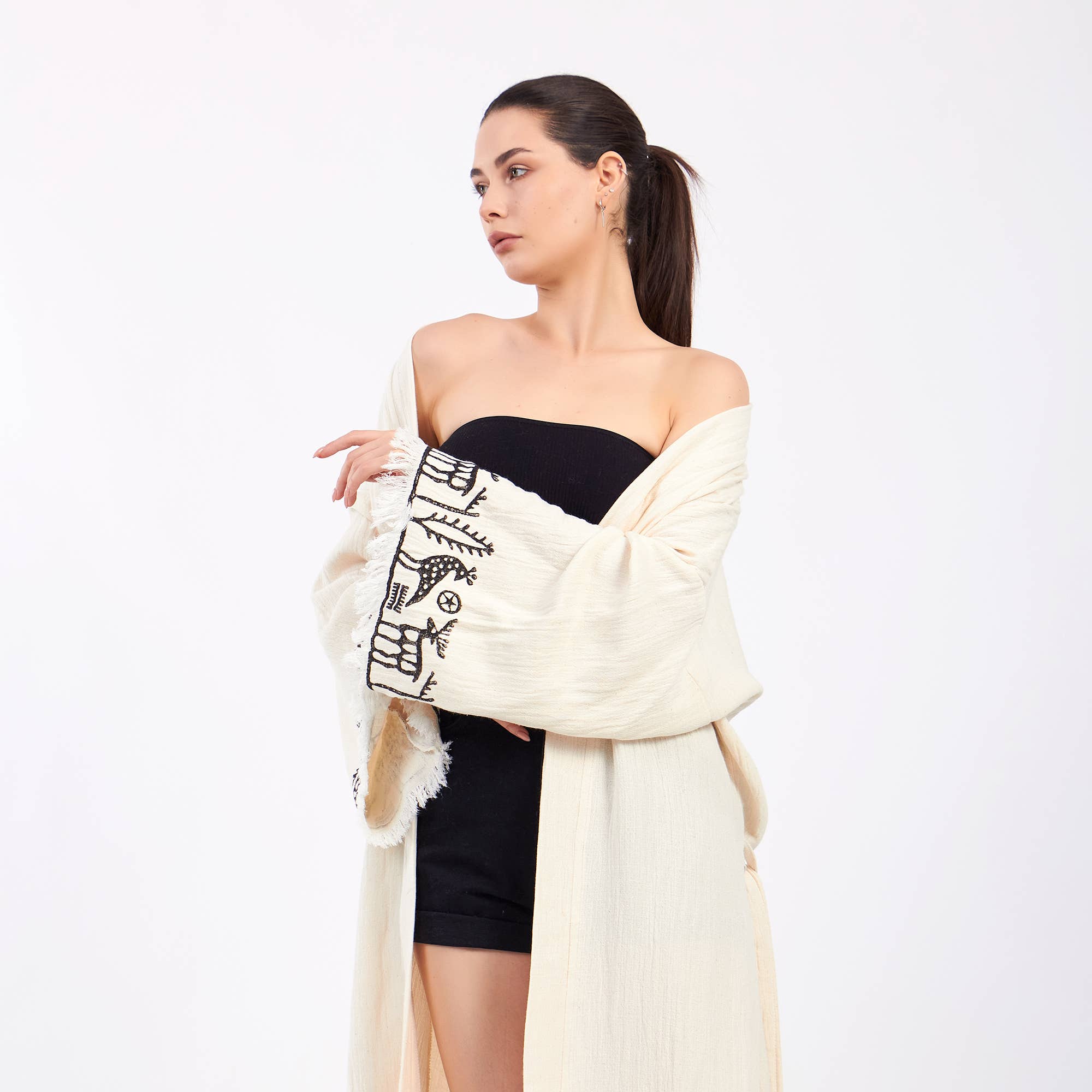 Yaz Concepts - Vente Kimono – femme - Peignoir kimono blanc en coton à motif primitif biologique turc9