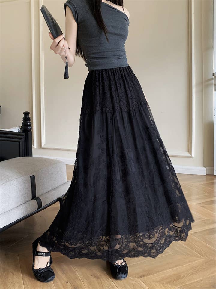 PEACH ACCESSORIES – wholesale Skirt – Women’s – Elegant Lace Maxi Skirt with Layered Design SK2017