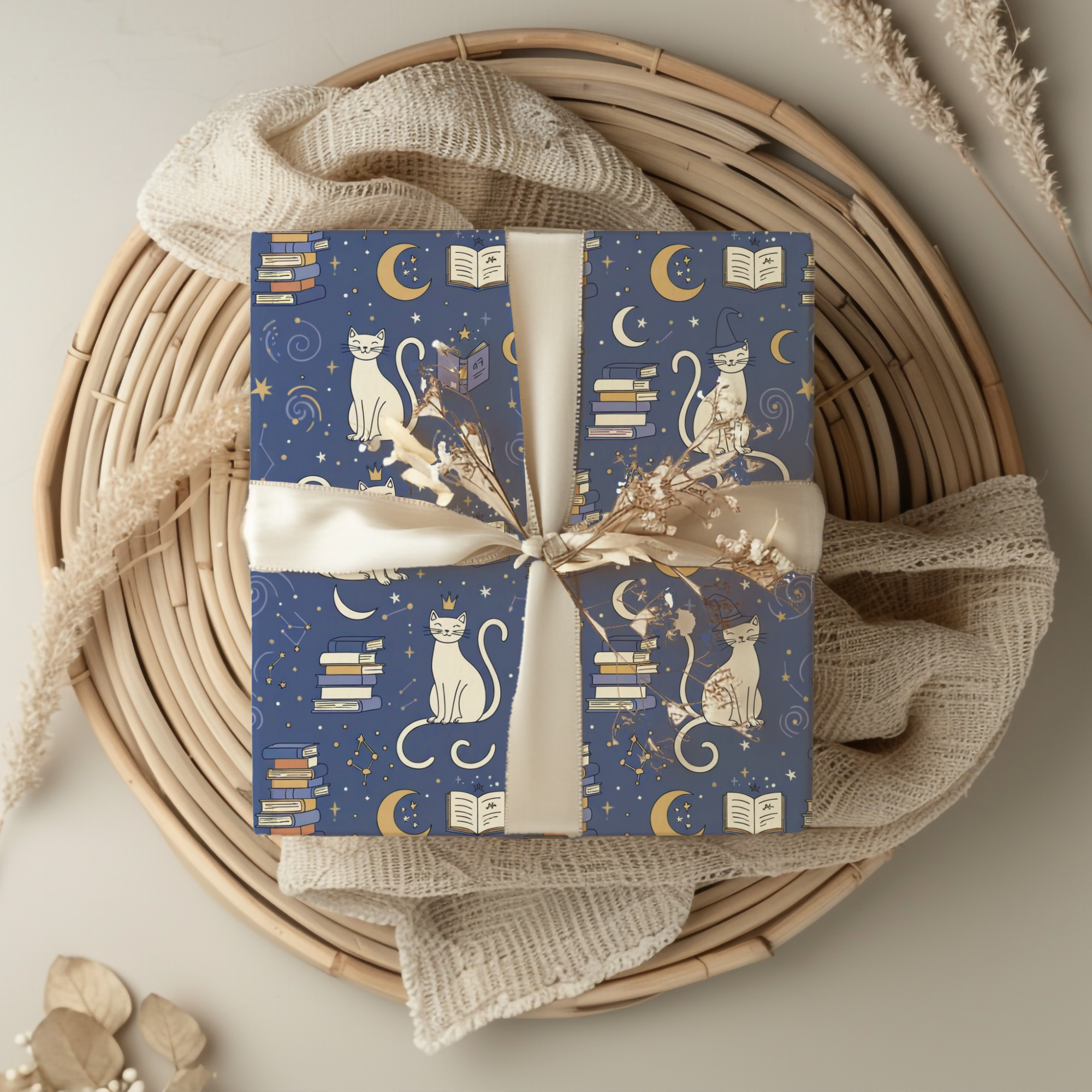 Lokipawz - Wholesale Flat Wrap - Purrfectly Bookish – Celestial Cat & Cozy Library Wrapping Paper7