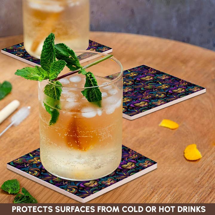 3dRose - Wholesale Coffee mug - 3dRose, Pattern of Oriental Mardi Gras masks of yellow color, purple feathers, Coaster2