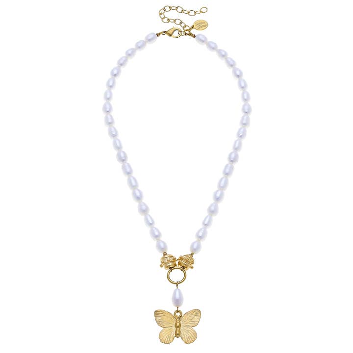 Gold Butterfly on Genuine Freshwater Pearl Necklace for wholesale by Susan Shaw