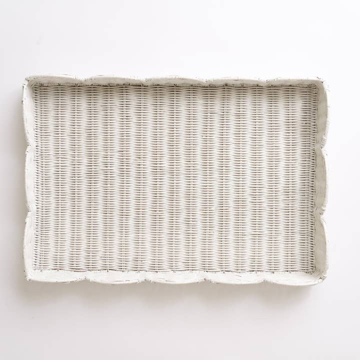 Pomegranate Inc - Wholesale Decorative tray - White Wicker Scalloped Rectangle Tray2