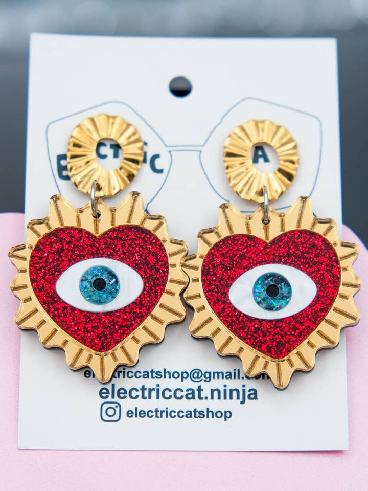 Sacred Heart Earrings – Acrylic Dangles with Gold Posts for wholesale by Electric Cat