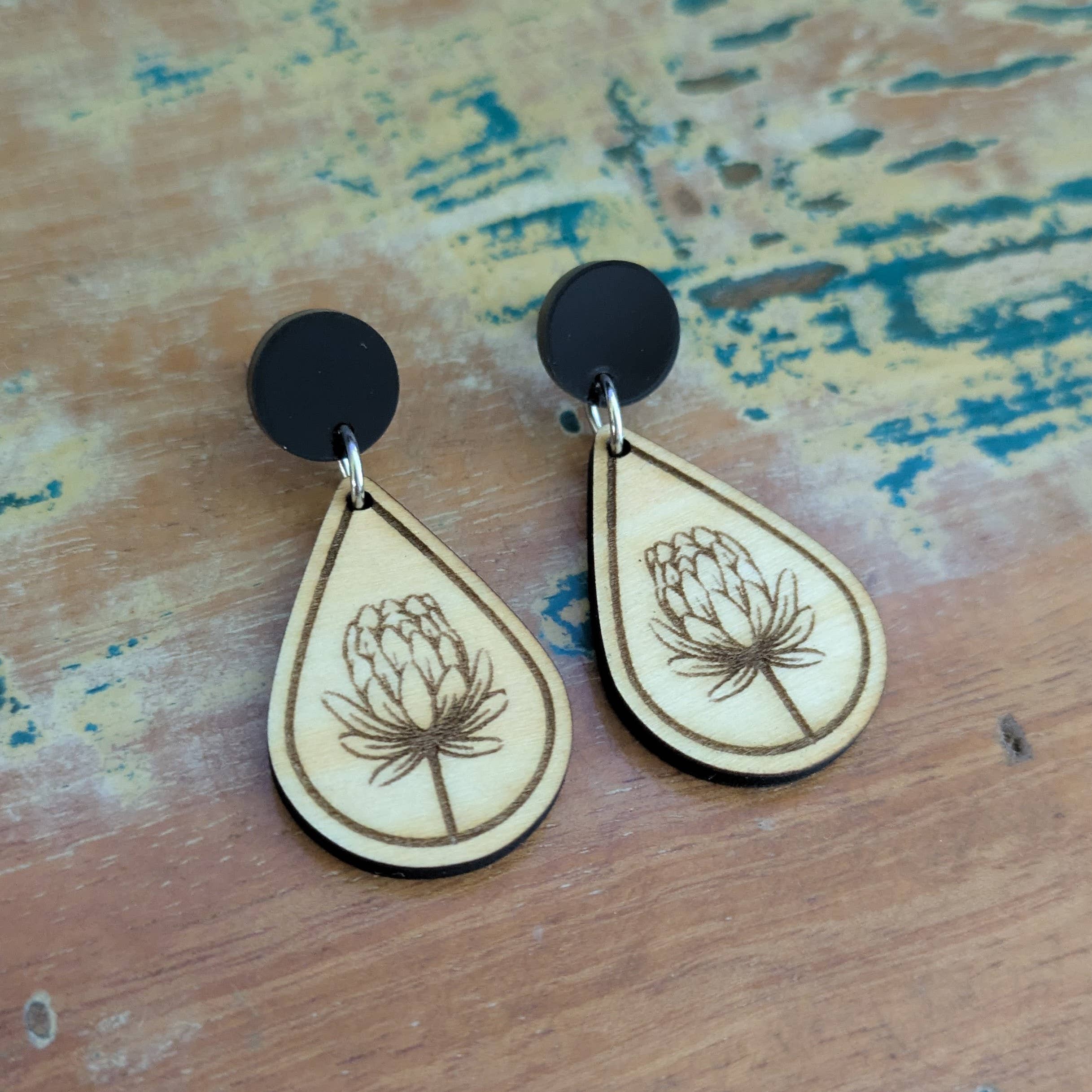 Samantha's Studio - Wholesale Dangle earrings - Protea Single Flower Dangle Earrings - wooden