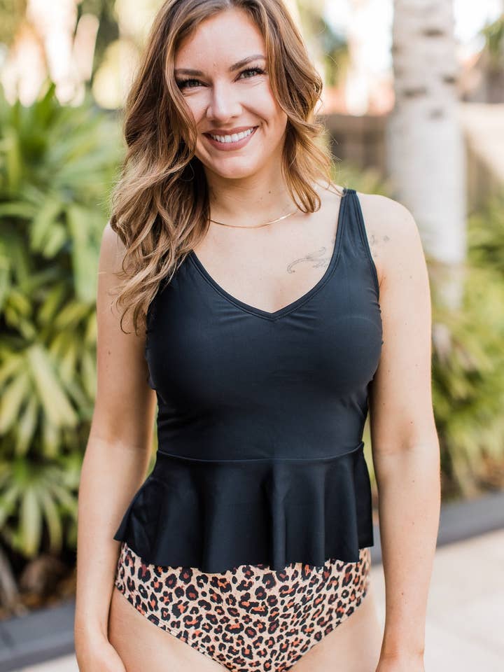 Ocean Breeze Peplum Tankini Swim Top- Black for wholesale by Mack and Mal