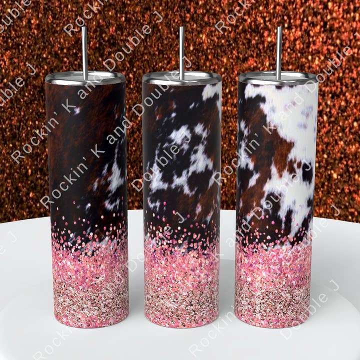 Pink Glitter Cow hide Tumbler for wholesale by Rockin K and Double J