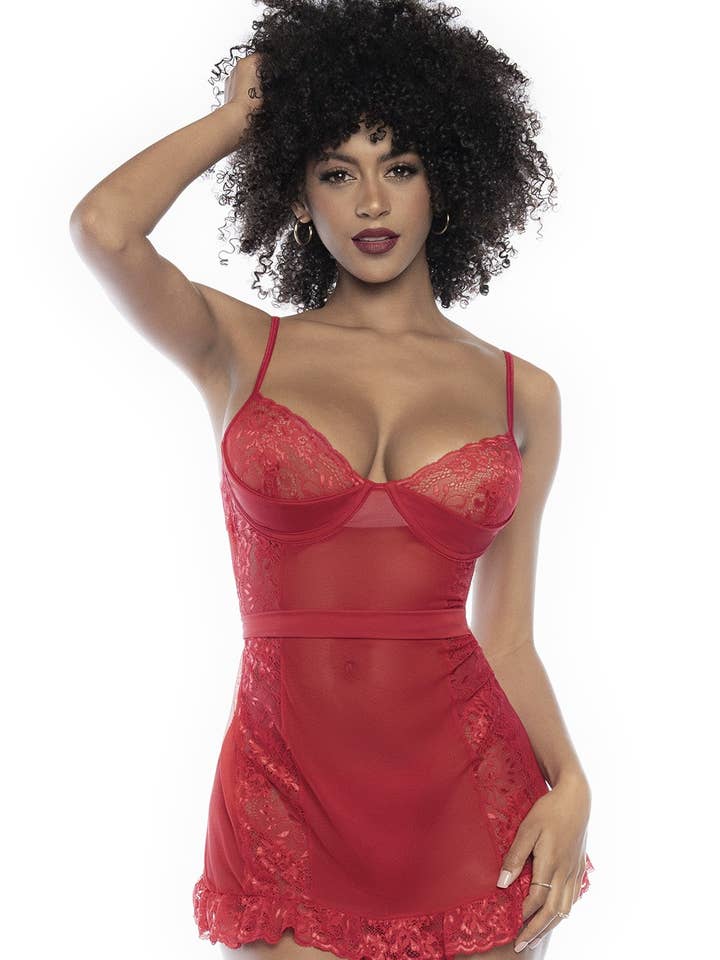 Camicia da notte rossa in pizzo e rete con perizoma abbinato per la vendita all'ingrosso da parte di Mapalé