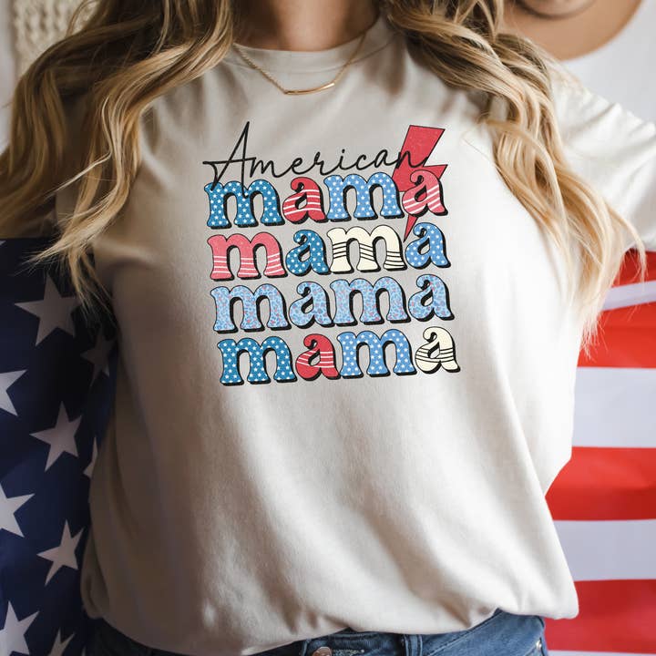 Red, White, and Blue American Mama T-shirt for wholesale by Patriotic Threads